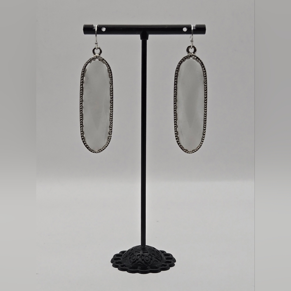 Silver White Stone Dangle Earrings | Long Oval Drop Earrings | Boho Chic Minimal